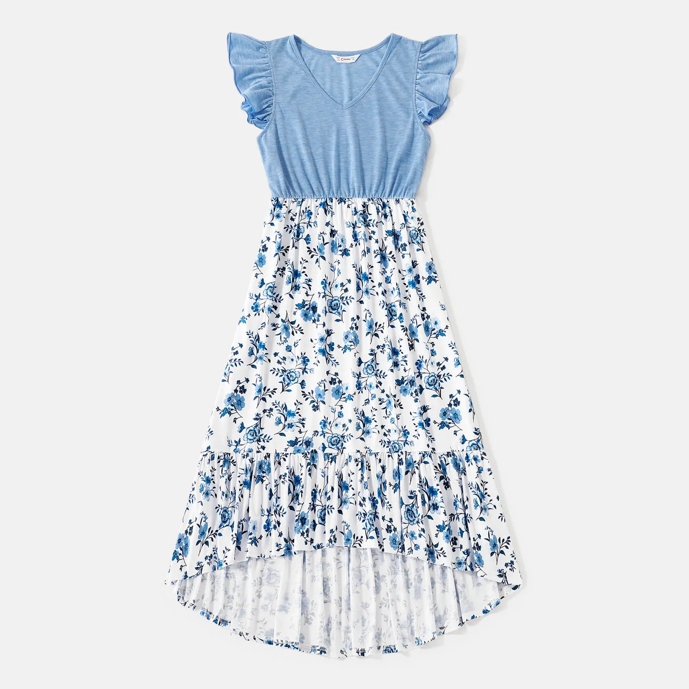 Family Matching Floral Print High Low Hem Flutter-sleeve Spliced Naia™ Dresses and Short-sleeve Striped T-shirts Sets